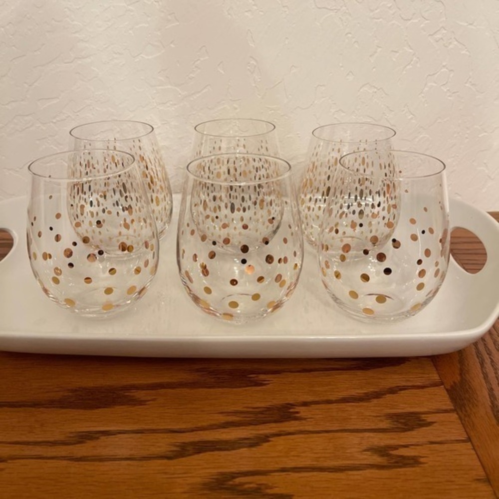 Set of 6 gold confetti stemless wine drinking glasses